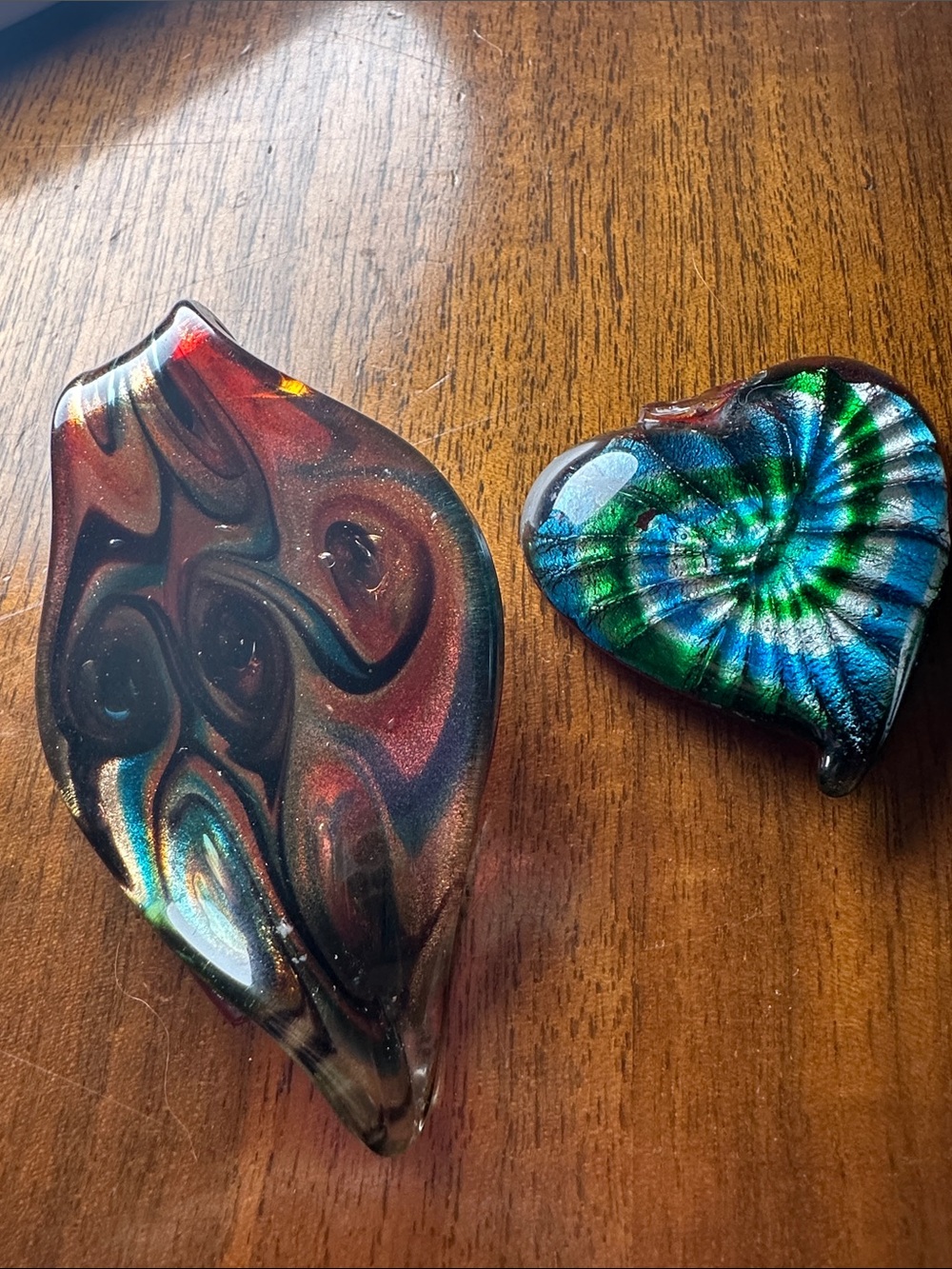 Handmade Blue & Green Heart Glass Art and Multicolor Abstract Glass Pendant